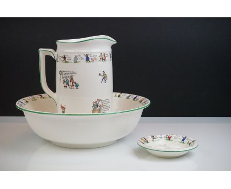Early 20th century Morley Fox &amp; Co Nursery Ceramic Wash Jug, Basin and Soap Dish decorated with numerous images of nurser