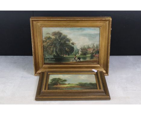 19th century Oil on Board of a Figure with Horses by a Pond, text to verso by J Wilkinson 1855, 19cm x 27cm together with ano