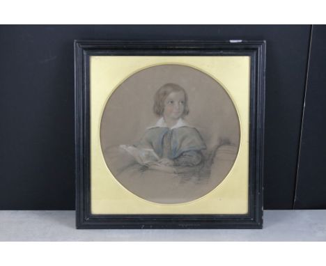 1856 Pastel Portrait of a Child holding an open book having extensive original biography text on reverse 