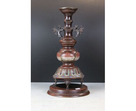 Japanese Lacquered and Champleve Enamelled Candlestick with handles in  the form of mythical creatures, 41cm high 