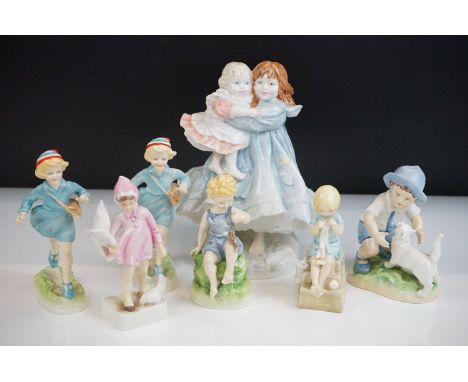 Six Royal Worcester Figures modelled after Freda Doughty including 2 x Hometime, Peace, Teatime, Katie and September plus Roy
