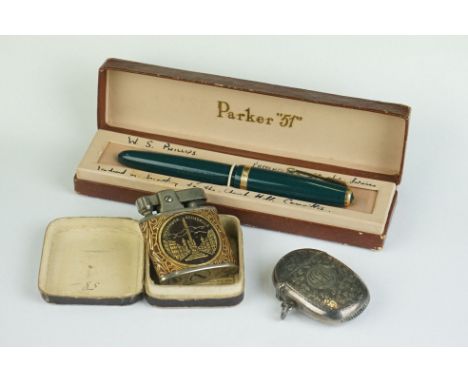 A small group of collectables to include a cased Parker fountain pen with 14k gold nib, a box lighter together with a hallmar
