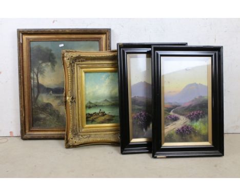 Pair of Early 20th century Moorland and Mountain Scene Paintings signed A J Iles together with Lake Scene Oil Painting and an