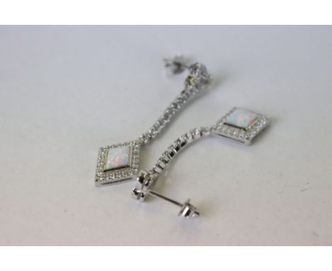 Pair of Silver CZ and Opal Drop Earrings 