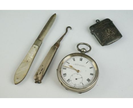 A small group of collectables to include hallmarked silver cased pocket watch, hallmarked silver vesta case, mother of pearl 