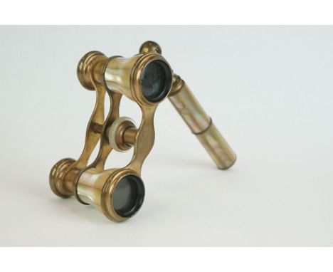 Early 20th century Mappin &amp; Webb Brass and Mother of Pearl Opera Glasses, 9cm wide 