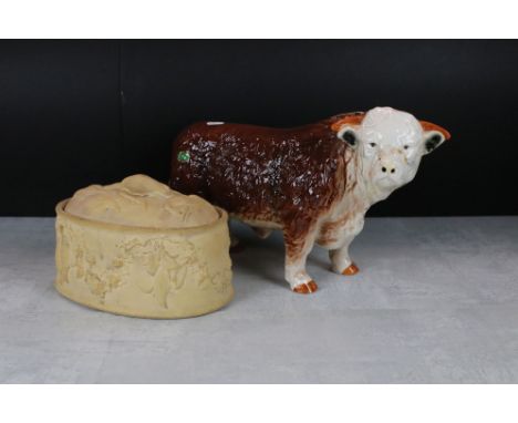 Large Melba ware Ceramic Hereford Bull, 42cm long together with 19th century Stoneware Pie Dish with relief decoration of gam