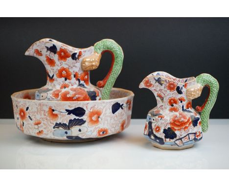 Mason's Ironstone style Hydra Wash Jug &amp; Basin decorated in the Imari palette with snake handle, jug 23cm high together w