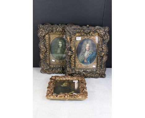 Oil Painting Portrait of a 17th century Gentleman together with a Two Prints of 17th Gentleman wearing Wigs, largest 23cm x 1