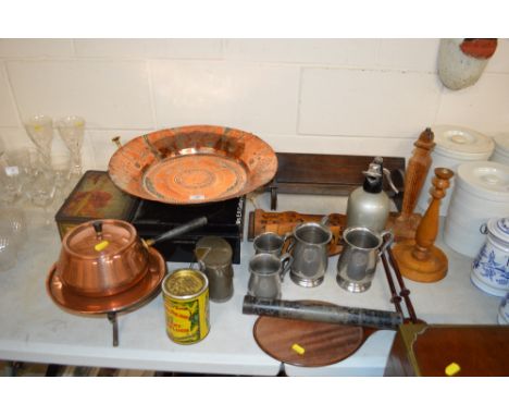 An Eastern copper bowl; together with a brass mortar and pestle; four tankards; a book trough; a deeds tin etc.