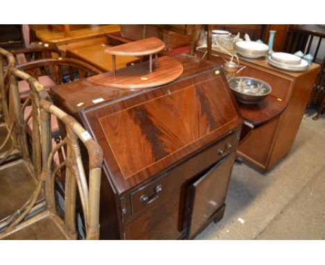 A reproduction mahogany bureau; together with a reproduction mahogany drop leaf table; and a small two tier shelf 