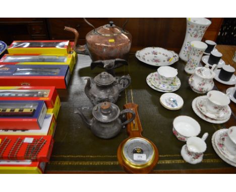 A Victorian copper kettle; a modern barometer; two teapots; and a silver plated desk inkwell in the form of an eagle 