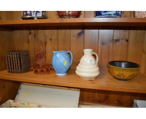 A Wade jug; a Crown Ducal vase; a metal vase in the form of bamboo; an Art Deco glass centre piece and a Danish pottery bowl 