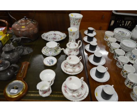 A Minton "Haddon Hall" vase; together with one other smaller; a Royal Albert "Lavender Rose" bachelors teapot; and two matchi