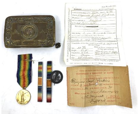 A WWI Victory Medal to 11510 Pte. R.J. Perkins C. GDS., with two ribbon bars, his cap badge and 1914 Queen Christmas tin, a p