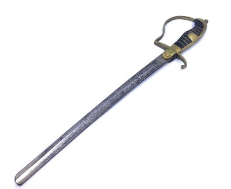 A WWI Ottoman Turkish Army officers sword with a cut down blade, brass-mounted hilt inset with Ottoman crescent and star, fin