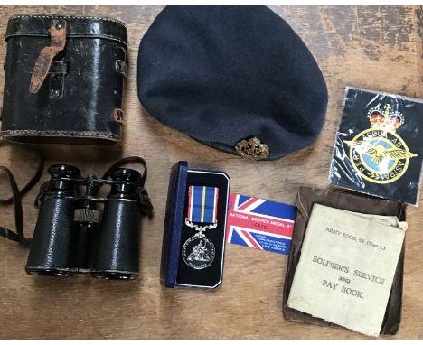 Collection of military items including National Service medal, Pay Book to Gunner A.A. Pipe,a RAF beret with RAF cap badge fi