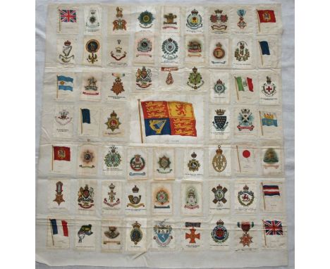 A collection of silk cigarette cards sewn onto a silk backing, comprising:- a selection of British Army Regimental Insignias,