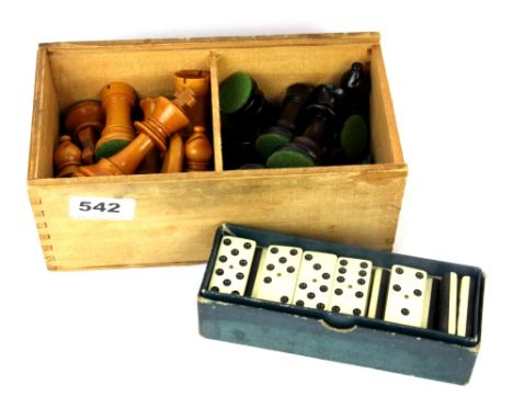 A vintage satinwood and stained wood part chess set, king H. 9cm with a set of dominoes.