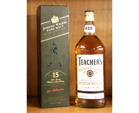 A boxed 15 year old Johnnie Walker Pure Malt Scotch Whisky bottle and a Teacher's Highland Cream Scotch Whisky bottle.