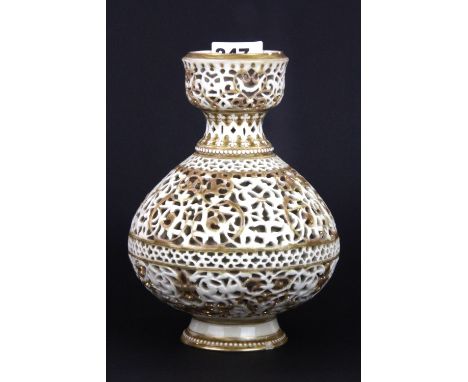 A Zsolnay pierced porcelain vase, H. 20cm, (A/F).