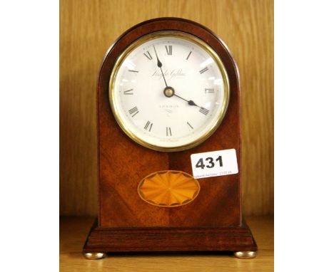 A Knight &amp; Gibbins, London inlaid mahogany mantle clock with quartz movement, clock H. 20cm.