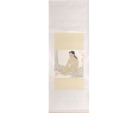 A Chinese silk mounted hand painted scroll of a young woman, W. 73cm, L. 200cm.