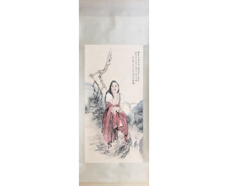 A Chinese silk mounted hand painted scroll of a young woman, W. 82cm, L. 215cm.