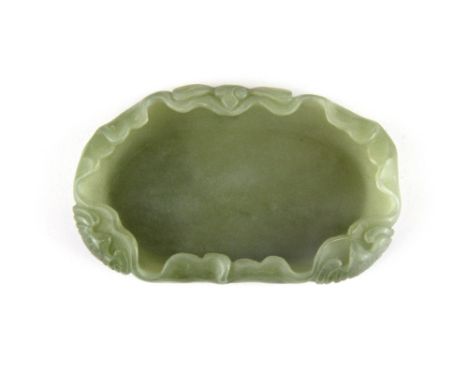 A Chinese carved nephrite jade lotus leaf brush washing bowl, W. 9.5cm.