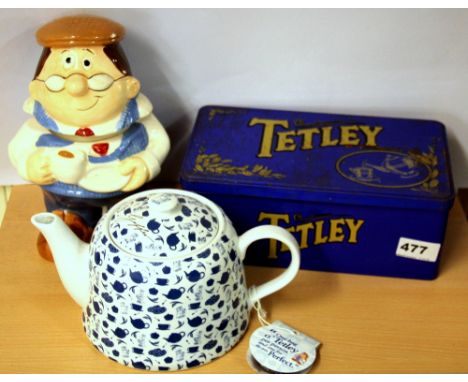 A Tetley tea tin, teapot and tea caddy.