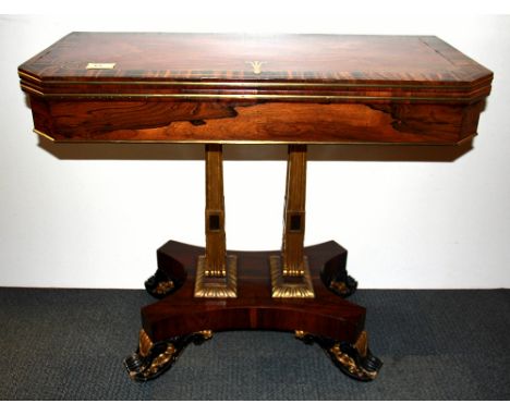 A very fine Regency gilt and brass inlaid, rosewood veneered, double pedestal folding card table, 92 x 46 x 75cm.