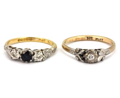 A 9ct yellow gold and platinum diamond set solitaire ring together with an 18ct gold and platinum sapphire and diamond set ri