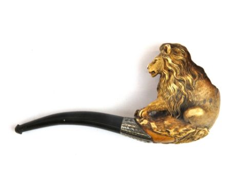 A superb white metal mounted Meerschaum lion tobacco pipe, bowl H. 9cm, pipe L. 17cm.