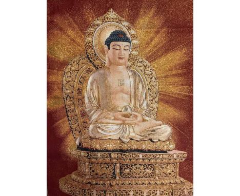 A Tibetan woven silk and gilt thread panel of the seated Buddha, 90 x 61cm.
