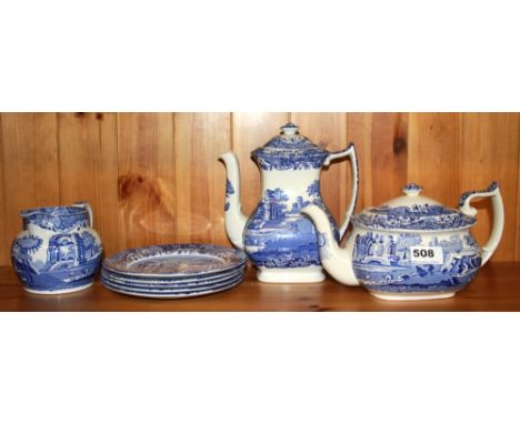 A Spode Italian pattern tea pot, coffee pot, milk jug and five plates.