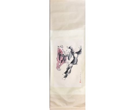 A Chinese silk mounted scroll painting of two horses, W. 63cm, L. 205cm.