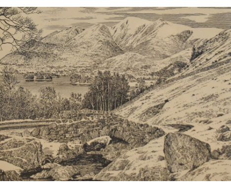 After Alfred Wainwright (British 1907–1991) monochrome print 'Ashness Bridge' signed lower right, within green mount, gilt an