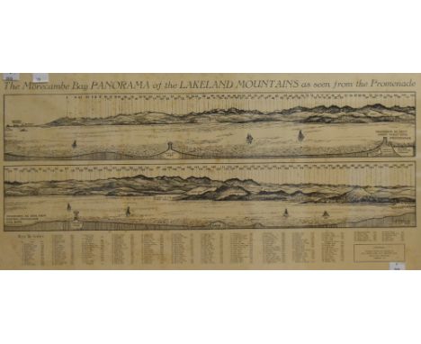 Artist unknown, monochrome print, 'The Morcambe Bay Panorama of the Lakeland Mountains as seen from the Promenade' with grey 