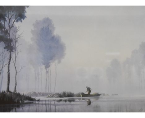 Roger Charles Desoutter (British 1923-2020) colour print depicting a lone boatman in marshy landscape, signed in plate lower 