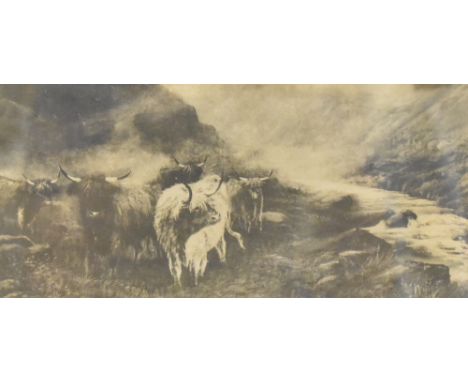 Artist unknown, monochrome print depicting highland cattle by a river, within dark wood mount and detailed dark wood frame, u