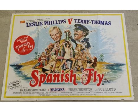 Vintage film quad poster. 'Spanish Fly' starring Terry Thomas & Leslie Phillips, 1976. Folded 100cm x 75cm.