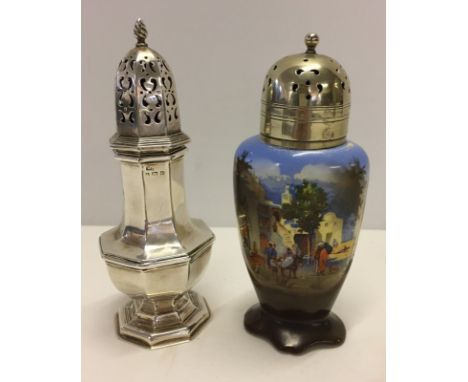 A silver sugar sifter together with a ceramic sugar sifter with EPNS lid Silver sifter hallmarked Birmingham 1901, approx 76.
