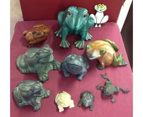 A box of frog figures to include ceramic, metal, wood & onyx  