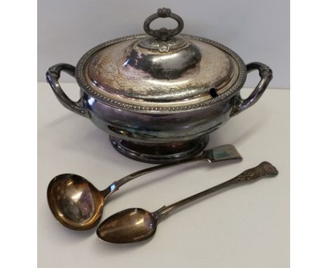 A silver plated lidded soup tureen, ladle and large serving spoon.  
