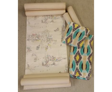 8 rolls of matching c.1950's/60's wallpaper. With coastal scene pattern in pastel shades.  Together with a pair of vintage 42