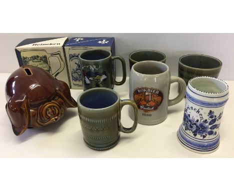 A box of assorted ceramic items to include Delft & Irish Wade tankards and pig money box.  