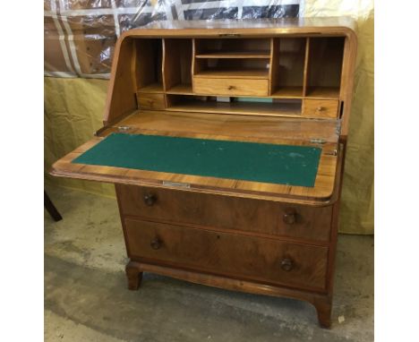 A vintage 3 drawer Walnut bureau. With baize lining and internal shelves and drawers. Approx. 76cm x 96cm