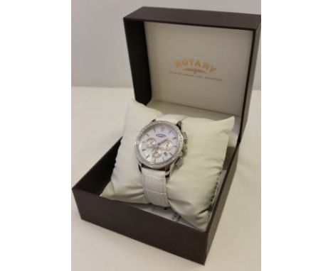A ladies boxed Rotary watch. With white leather strap, mother of pearl face and date function. Working order. 
