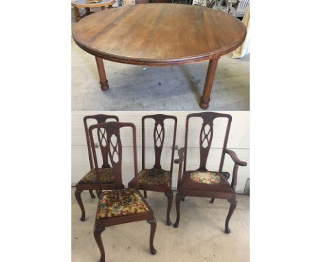 Solid wood dining table with 4 chairs. Solid wood vintage circular dining table on three legs. Approx 150cm diameter x 78cm h
