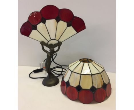 A reproduction Tiffany style naked lady lamp with fan-shape shade. Together with a matching ceiling light shade. 